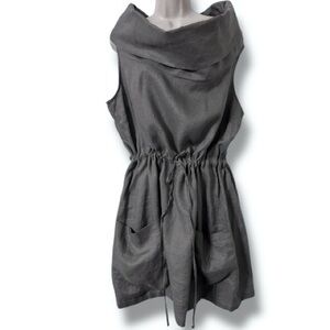 Chalet Linen Cowl Draped Neck Drawstring Waist Lagenlook Tunic Dress Gray Sz XL